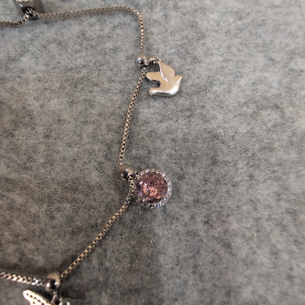 Adjustable Charm Bracelet Silver Tone Hummingbird Heart Snowflake Peace Dove Gem - Picture 4 of 7